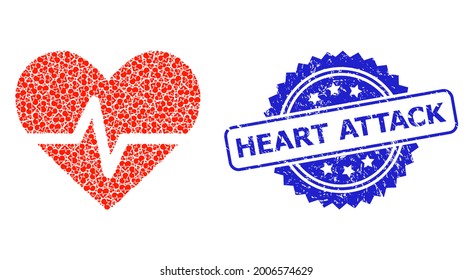 Heart Attack scratched stamp seal and vector fractal collage heart pulse. Blue seal contains Heart Attack tag inside rosette. Vector collage is constructed of randomized rotated heart pulse icons.