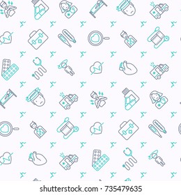 Heart attack seamless pattern with thin line icons of symptoms and treatments. Modern vector illustration for medical report or survey, banner, web page, print media.