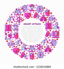 Heart attack symptomps concept in circle thin line icons: dizziness, dyspnea, cardiogram, panic attack, weakness, acute pain, cholesterol level, nausea. Vector illustration, print media template.