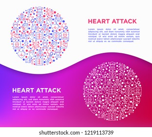 Heart attack symptomps concept in circle thin line icons: dizziness, dyspnea, cardiogram, panic attack, weakness, acute pain, cholesterol level, nausea. Vector illustration, print media template.