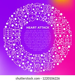Heart attack symptomps concept in circle thin line icons: dizziness, dyspnea, cardiogram, panic attack, weakness, acute pain, cholesterol level, diabetes. Vector illustration, print media template.