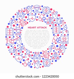 Heart attack symptomps concept in circle thin line icons: dizziness, dyspnea, cardiogram, panic attack, weakness, acute pain, cholesterol level, diabetes. Vector illustration, print media template.