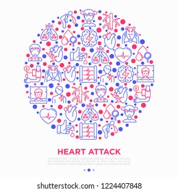 Heart attack symptomps concept in circle thin line icons: dizziness, dyspnea, cardiogram, panic attack, weakness, acute pain, cholesterol level, diabetes. Vector illustration, print media template.