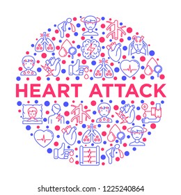 Heart attack symptomps concept in circle thin line icons: dizziness, dyspnea, cardiogram, panic attack, weakness, acute pain, cholesterol level, diabetes. Vector illustration, print media template.