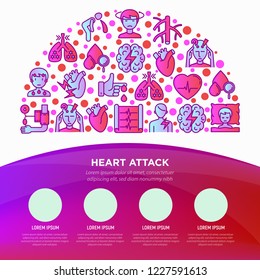 Heart attack symptomps concept in half circle thin line icons: dizziness, dyspnea, cardiogram, panic attack, weakness, acute pain, cholesterol level, nausea. Vector illustration, print media template