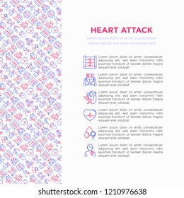 Heart attack symptomps concept wiht thin line icons: dizziness, dyspnea, cardiogram, panic attack, weakness, acute pain, cholesterol level, nausea, diabetes. Vector illustration, print media template.