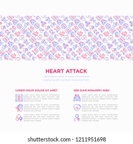 Heart attack symptomps concept wiht thin line icons: dizziness, dyspnea, cardiogram, panic attack, weakness, acute pain, cholesterol level, nausea, diabetes. Vector illustration, print media template.