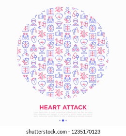 Heart attack symptoms concept in circle thin line icons: dizziness, dyspnea, cardiogram, panic attack, weakness, acute pain, cholesterol level, nausea. Vector illustration, print media template.