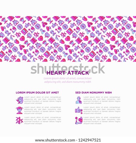 Heart attack symptoms concept with thin line icons: dizziness, dyspnea, cardiogram, panic attack, weakness, acute pain, cholesterol level, nausea, diabetes. Vector illustration, print media template.