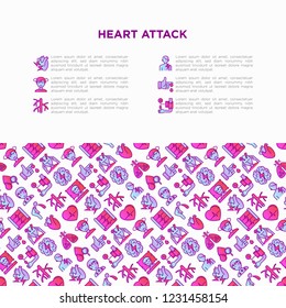 Heart attack symptoms concept wiht thin line icons: dizziness, dyspnea, cardiogram, panic attack, weakness, acute pain, cholesterol level, nausea, diabetes. Vector illustration, print media template.