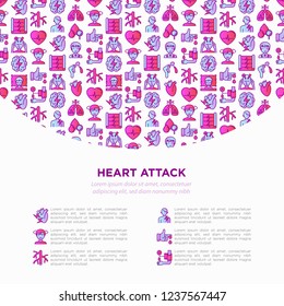 Heart attack symptoms concept wiht thin line icons: dizziness, dyspnea, cardiogram, panic attack, weakness, acute pain, cholesterol level, nausea, diabetes. Vector illustration, print media template.