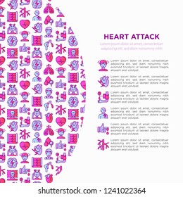 Heart attack symptoms concept wiht thin line icons: dizziness, dyspnea, cardiogram, panic attack, weakness, acute pain, cholesterol level, nausea, diabetes. Vector illustration, print media template.