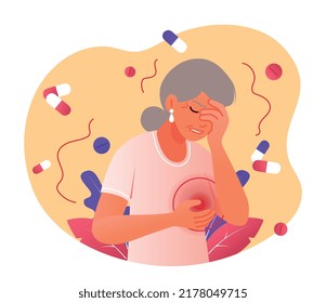 Síntomas de ataque cardíaco. La anciana sujeta su mano al pecho. Problemas de salud y enfermedades cardíacas. Afiche médico o cartel con abuela, insuficiencia cardiaca. Dibujo vectorial plano de dibujos animados