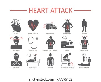 Heart Attack. Symptoms. Flat icons set. Vector signs for web graphics.