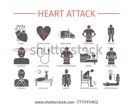 Heart Attack. Symptoms. Flat icons set. Vector signs for web graphics.