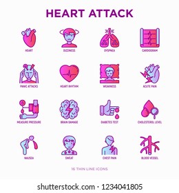 Heart attack symptoms thin line icons set: dizziness, dyspnea, cardiogram, panic attack, weakness, acute pain, cholesterol level, nausea, diabetes. Modern vector illustration.