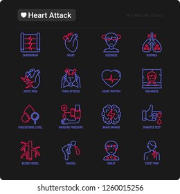 Heart attack symptoms thin line icons set: dizziness, dyspnea, cardiogram, panic attack, weakness, acute pain, cholesterol level, nausea, diabetes. Modern vector illustration.