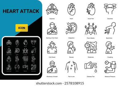 Heart attack symptoms thin line icons set: dizziness, dyspnea, cardiogram, panic attack, weakness, acute pain, cholesterol level, nausea, diabetes. Modern vector illustration.