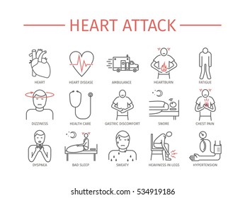 Heart Attack. Symptoms, Treatment. Line Icons Set. Vector Signs For Web Graphics.