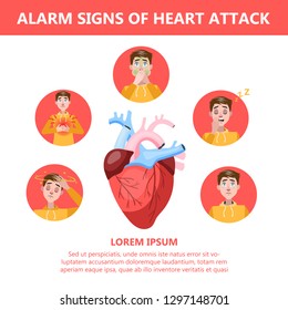 Heart attack symptoms and warning sings. Infographic for people with heart problems. Pain in chest and dizziness, sweating and sickness. Isolated vector illustration in cartoon style
