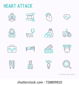 Herzinfarkt dünne Linie Symbole Set von Symptomen und Behandlungen. Moderne Vektorgrafik für medizinische Berichte oder Umfragen, Banner, Webseiten, Printmedien.