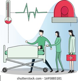 Heart attack vector concept with doctor and his medic team rushing their lying patient urgently; isolated in white background with thermometer, heartbeat, and siren icons