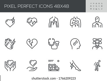 Heart Attack Vector Line Icons. Heart Disease, Symptoms, Cardiology. Editable Stroke. 24x24, 48x48, 96x96 Pixel Perfect.