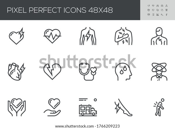 Heart\
Attack Vector Line Icons. Heart Disease, Symptoms, Cardiology.\
Editable Stroke. 24x24, 48x48, 96x96 Pixel\
Perfect.