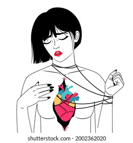 Heart attack woman. Virus and infarction open chest girl, women suffering pain misunderstanding spiritual torment vector illustration