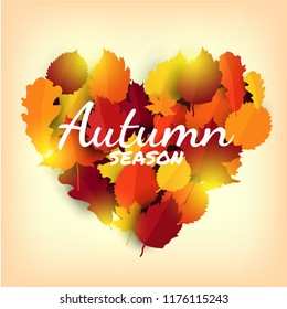 Heart of autumn leaves banner with text and light, love autumn concept. Flat design illustration
