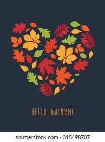 The heart of the autumn leaves. Fall of the leaves. Leaves are drawn on the chalkboard. Sketch, design elements. Vector illustration.