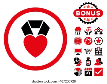 Heart Award icon with bonus elements. Vector illustration style is flat iconic bicolor symbols, intensive red and black colors, white background.