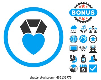 Heart Award icon with bonus images. Vector illustration style is flat iconic bicolor symbols, blue and gray colors, white background.