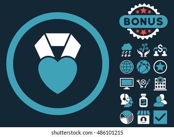 Heart Award icon with bonus pictogram. Vector illustration style is flat iconic bicolor symbols, blue and white colors, dark blue background.