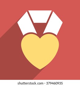 Heart Award long shadow vector icon. Style is a flat light symbol with rounded angles on a red square background.