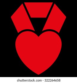 Heart Award vector icon. Style is flat symbol, red color, rounded angles, black background.