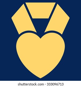 Heart Award vector icon. Style is flat symbol, yellow color, rounded angles, blue background.
