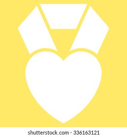 Heart Award vector icon. Style is flat symbol, white color, rounded angles, yellow background.