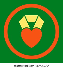 Heart Award vector icon. Style is bicolor flat rounded symbol, orange and yellow colors, rounded angles, green background.