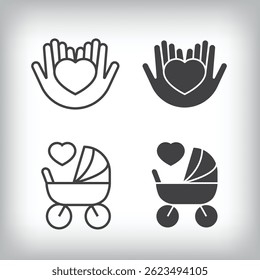 Heart and baby carriage artistic design inside. Simple linear and flat artistic family icon set.
