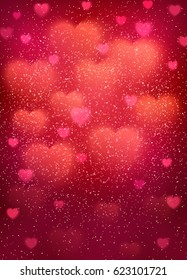 Heart background with cloud of glowing blurred bokeh hearts and glitter confetti. Pink light backdrop for wedding, romantic, Valentines Day, Mothers Day cards design. Colorful vector illustration.