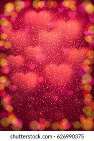 Heart background with cloud of glowing blurred soft hearts, glitter confetti and colorful bokeh elements. Pink light backdrop Valentines Day, Mothers Day cards design. Colorful vector illustration.