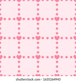 Heart background with dots. Seamless vector pattern - red hearts and dots on pink backdrop