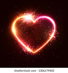 Heart background. Element design for Happy Valentine's Day. Neon sign. Retro heart shaped halogen or led lamp signboard on dark red backdrop. Valentine greeting card, banner flyer vector illustration.