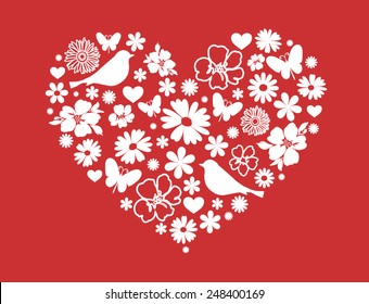 Heart background with flowers and birds. Vector illustration.