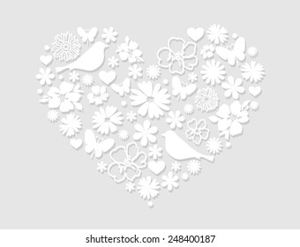 Heart background with flowers, grey. Vector illustration.