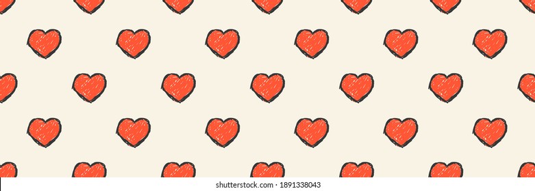 Heart background long banner, Hand drawn doodle style red hearts with black outline repetitive pattern