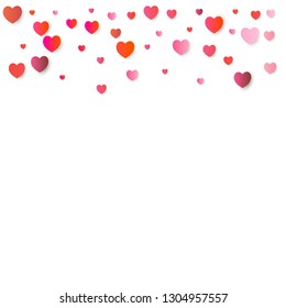 Heart Background, Love symbol for Valentine's day, red pink and rose hearts flying confetti, frame or  border for 14 February isolated on white, vector illustration 