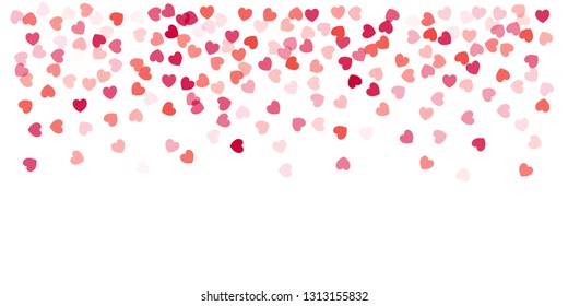 Heart Background, Love symbol for Valentine's day, red pink and rose hearts flying confetti, frame or border for 14 February isolated on white, vector illustration