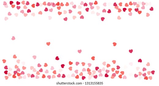 Heart Background, Love symbol for Valentine's day, red pink and rose hearts flying confetti, frame or border for 14 February isolated on white, vector illustration